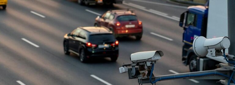 Señal de tránsito y cámara de fotomultas en una calle de Neuquén
