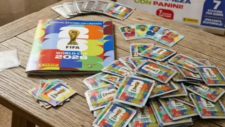 Álbum de figuritas del Mundial 2026 de Panini sobre una mesa, con sobres y figuritas sueltas