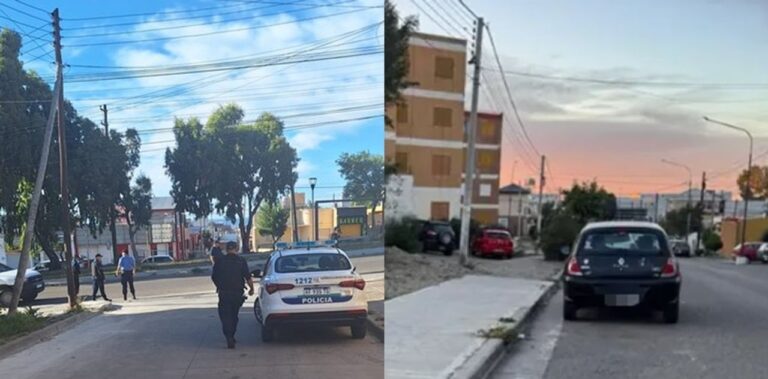 Zona cordonada por policía en calle del barrio Pueyrredón, Comodoro Rivadavia, tras el doble homicidio.