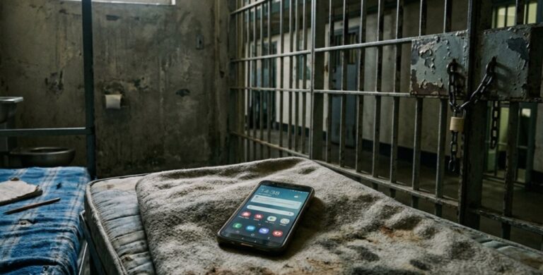 Ilustración de un teléfono celular con una señal bloqueada dentro del perímetro de una cárcel.