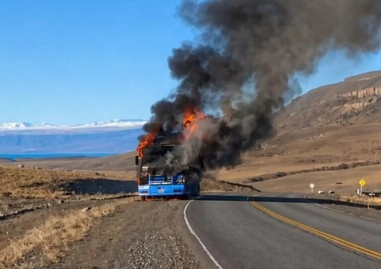 Camión incendiado en la Ruta 40, en Santa Cruz, con columnas de humo y personal de bomberos en el lugar