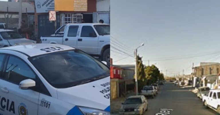 Policía en la puerta de una vivienda en el barrio San Cayetano de Comodoro Rivadavia