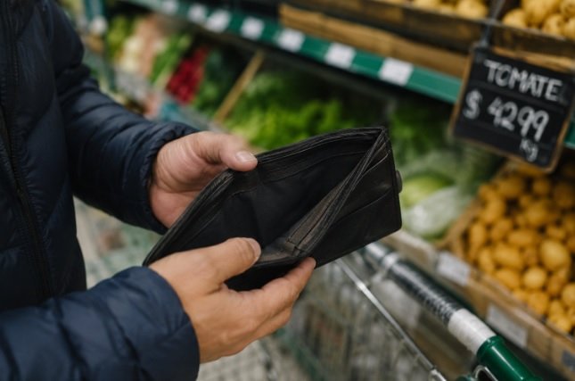 Trabajador revisando billetera con billetes argentinos