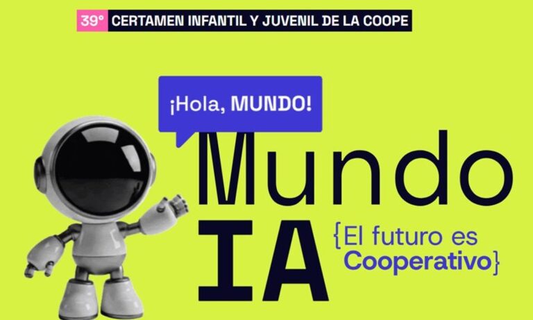 Logo de la Cooperativa Obrera y título del certamen infantil y juvenil sobre inteligencia artificial y valores solidarios