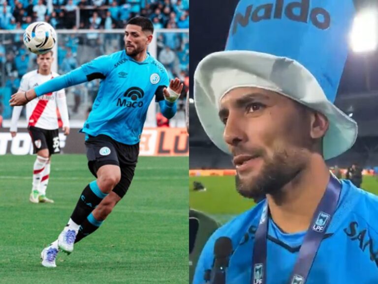 Lucas Passerini con la camiseta de Belgrano de Córdoba celebrando el título