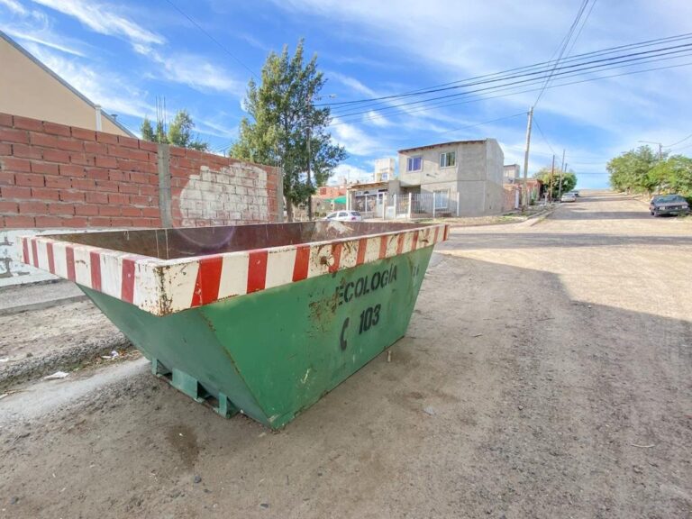 Contenedores para residuos en la vía pública durante campaña de limpieza en Puerto Madryn