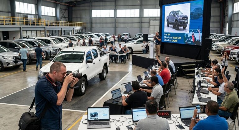 Fila de vehículos en exhibición para subasta online en Chubut