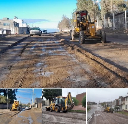 Cuadrilla municipal trabajando en la reconstrucción de una calle anegada en Puerto Madryn