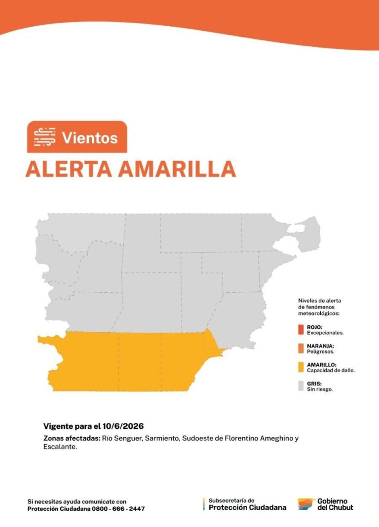 Mapa de alerta amarilla por vientos en el sur de Chubut